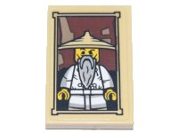 LEGO part Tile 2 x 3 with Framed Picture Minifigure with White Robe, Light Bluish Gray Beard and Tan Conical Hat (Yang / Wu) Pattern (Sticker) - Set 71741 26603pb134