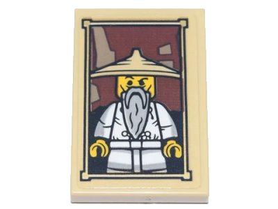 LEGO part Tile 2 x 3 with Framed Picture Minifigure with White Robe, Light Bluish Gray Beard and Tan Conical Hat (Yang / Wu) Pattern (Sticker) - Set 71741 (26603pb134)
