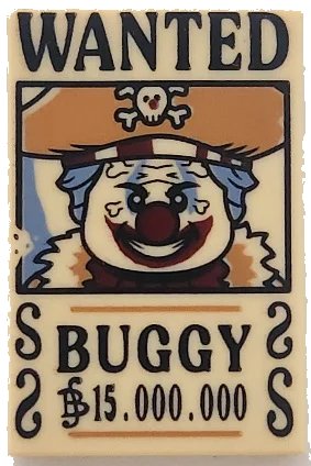 LEGO onderdeel Tile 2 x 3 with Wanted Poster with Black 'WANTED' 'BUGGY' (Belly) '15.000.000' Pattern (26603pb529)