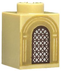 LEGO part Stein 1 x 1 mit silbernem gewölbtem Fenster mit dunkelbraunem Gitterwerk und dunkel beige Bögen-Muster 3005pb063