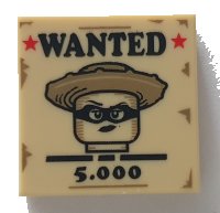 LEGO part Carreau 2 x 2 with 'WANTED', '5.000', Red Stars and Female Western Bandit Minifigure on Poster Pattern (BAM) 3068pb2009