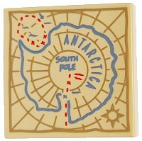 LEGO part Tile 2 x 2 with Map with Medium Blue 'ANTARCTICA' and 'SOUTH POLE', Dark Tan Compass Rose and Border, Red Dotted Lines Pattern 3068pb2551