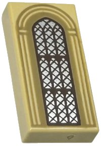 LEGO part Tile 1 x 2 with Silver Arched Window with Dark Brown Lattice and Dark Tan Arches Pattern 3069pb1190