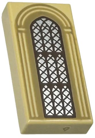 LEGO part Tile 1 x 2 with Silver Arched Window with Dark Brown Lattice and Dark Tan Arches Pattern (3069pb1190)