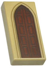 LEGO part Tile 1 x 2 with Reddish Brown Door with Dark Brown Edges and Rectangles and Dark Tan Arch Pattern 3069pb1191