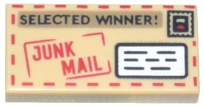LEGO part Tile 1 x 2 with Red 'JUNK MAIL' and Black 'SELECTED WINNER!' Pattern (Mail Envelope with Stamp and Address) (3069pb1287)