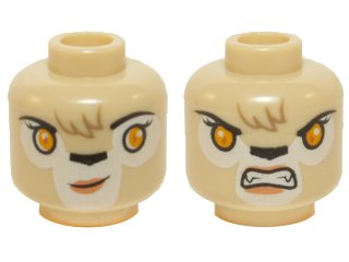 LEGO onderdeel Minifigure, Head Dual Sided Alien Chima Lion Female with Orange Eyes, Black Nose, Forelock, Crooked Smile / Bared Teeth Pattern (3626pb1223)