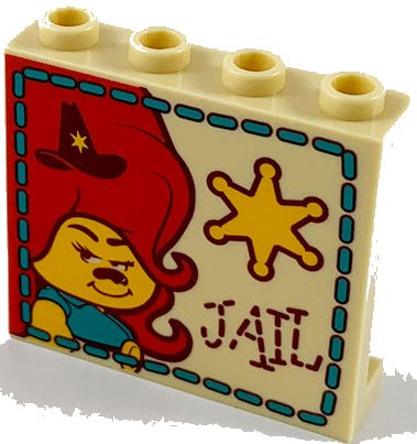 LEGO onderdeel Panel 1 x 4 x 3 with Side Supports - Hollow Studs with Delta Dawn, Bright Light Orange Sheriff Badge, and Reddish Brown 'JAIL' Pattern (60581pb132)