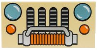 LEGO part Tile 2 x 4 with Metallic Light Blue Headlights, Orange Blinkers and Rope, Silver Grille and Bumper Pattern 87079pb1347