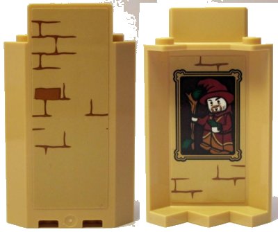 LEGO part Panel 3 x 3 x 6 Corner Wall without Bottom Indentations with Bricks Type 1 Outside and Portrait of Wizard Type 1 Inside Pattern (Stickers) - Set 75953 (87421pb045)