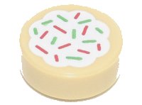 LEGO part Tile, Round 1 x 1 with Cookie with White Frosting and Red and Green Sprinkles Pattern 98138pb256