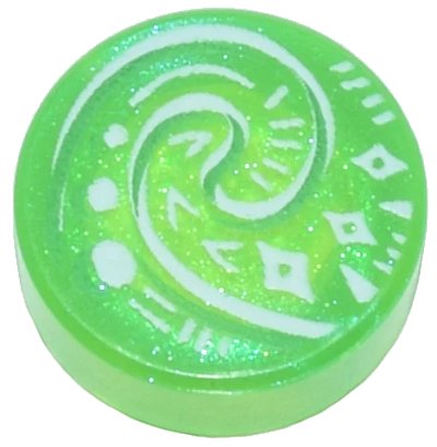 LEGO onderdeel Tile, Round 1 x 1 with White and Bright Green Koru Spiral Symbol, Diamonds and Lines Pattern (Moana Heart of Te Fiti) (98138pb421)