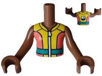 LEGO part Torso Mini Doll Girl Coral and Yellow Wetsuit with White Zipper, Dark Turquoise Belt and Dolphin / Whale Logo on Back Pattern, Medium Brown Arms with Hands FTGpb435c01
