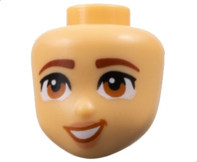 LEGO onderdeel Mini Doll, Head Friends with Reddish Brown Eyebrows, Dark Orange Eyes, Nougat Lips, and Open Mouth Smile with Teeth Pattern (101132)