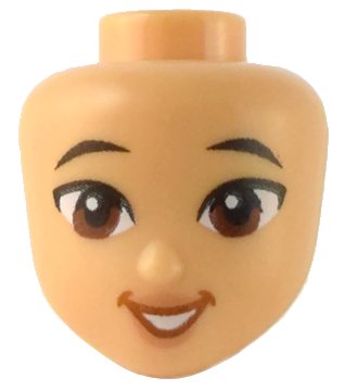LEGO onderdeel Mini Pop, Hoofd Friends met Zwarte Wenkbrauwen, Roodbruine Ogen, Nougat Lippen, Donkeroranje Open Mond Glimlach met Tanden Patroon (101174)