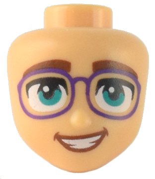 LEGO part Mini Doll, Head Friends with Thick Reddish Brown Eyebrows, Dark Turquoise Eyes, Dark Purple Glasses, and Open Mouth Smile with Teeth Pattern (101245)