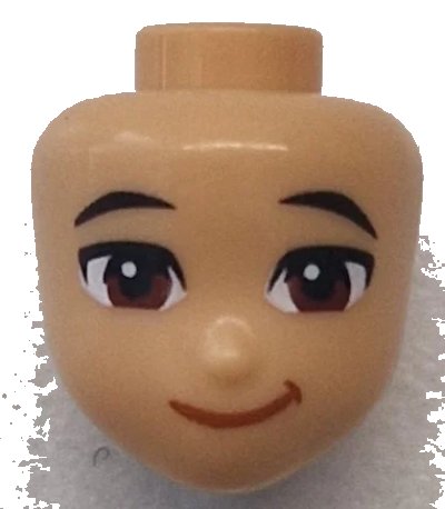 LEGO onderdeel Mini Doll, Head Friends with Black Eyebrows, Reddish Brown Eyes, Dark Orange Lopsided Grin Pattern (107719)