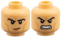 LEGO part Minifigure, Head Dual Sided, Black Eyebrows, Medium Nougat Cheek Lines and Chin Dimple, Raised Eyebrow Right / Fierce Open Mouth Scowl with Teeth Pattern 3626pb3951