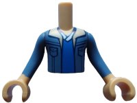 LEGO part Torso Mini Doll Boy Sand Blue Jacket with Tan Lapels over Blue and White Shirt Pattern, Medium Tan Arms with Hands with Sand Blue Long Sleeves FTBpb087c01