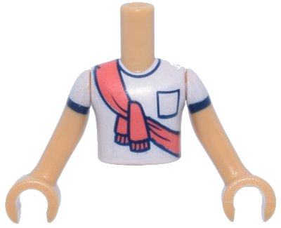 LEGO part Torso Mini Doll Boy White T-Shirt with Black Pocket and Trim and Coral Scarf Pattern, Medium Tan Arms with Hands with White Short Sleeves and Black Trim (FTBpb133c01)