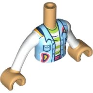 LEGO part Torso Mini Doll Girl Bright Light Blue Vest with Pockets and Lime and White Striped Shirt Pattern, Medium Tan Arms with Hands with White Long Sleeves FTGpb392c01