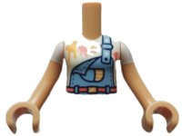 LEGO part Torso Mini Doll Girl Bright Light Blue Overalls over White Shirt with Paint Stains Pattern, Medium Tan Arms with Hands with White Short Sleeves FTGpb405c01