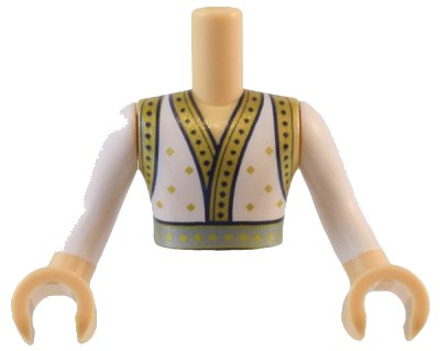 LEGO onderdeel Torso Mini Doll Man Robe with Gold and Black Trim and Sparkles and Metallic Light Blue Belt Pattern, Medium Tan Arms and Hands with White Long Sleeves (FTMpb078c01)