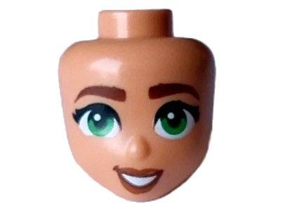 LEGO onderdeel Mini Doll, Head Friends with Reddish Brown Eyebrows, Green Eyes, Dark Orange Lips, and Open Mouth Smile with Teeth Pattern (101121)