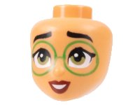 LEGO part Mini Doll, Head Friends with Black Eyebrows, Large Bright Green Glasses, Olive Green Eyes, Dark Red Lips, Open Mouth Smile with Teeth Pattern 103989