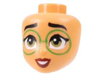 LEGO onderdeel Mini Doll, Head Friends with Black Eyebrows, Large Bright Green Glasses, Olive Green Eyes, Dark Red Lips, Open Mouth Smile with Teeth Pattern (103989)