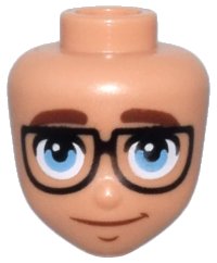 LEGO part Mini Doll, Head Friends with Reddish Brown Thick Eyebrows, Medium Blue Eyes, Black Glasses, and Closed Mouth Slight Smile Pattern 105802