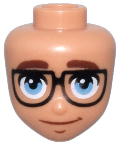 LEGO onderdeel Mini Doll, Head Friends with Reddish Brown Thick Eyebrows, Medium Blue Eyes, Black Glasses, and Closed Mouth Slight Smile Pattern (105802)