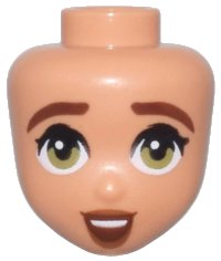 LEGO part Mini Doll, Head Friends with Reddish Brown Eyebrows, Wide Olive Green Eyes, Dark Orange Lips, and Open Mouth Smile with Top Teeth Pattern 105995