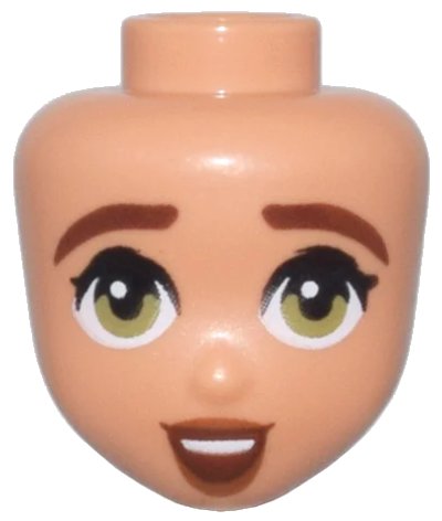 LEGO onderdeel Mini Doll, Head Friends with Reddish Brown Eyebrows, Wide Olive Green Eyes, Dark Orange Lips, and Open Mouth Smile with Top Teeth Pattern (105995)