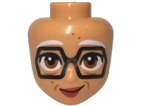 LEGO part Mini Doll, Head Friends with White Eyebrows, Large Black Hexagon Glasses, Dark Orange Eyes, Dots and Wrinkles, Red Lips, Lopsided Grin Pattern 107625