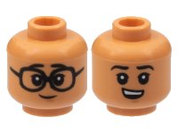 LEGO part Minifigure, Head Dual Sided, Black Eyebrows and Eyes with White Pupils, Glasses / Smirk with Teeth Pattern - Hollow Stud 3626pb2999