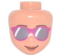 LEGO part Mini Doll, Head Friends Sunglasses with Dark Bluish Gray Lenses and Magenta Frames, Reddish Brown Lips and Closed Mouth Smile Pattern 72409