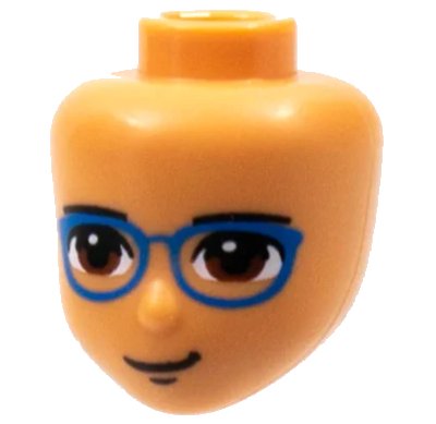 LEGO onderdeel Mini Doll, Head Friends with Black Eyebrows, Reddish Brown Eyes, Blue Glasses, Closed Mouth Pattern (80064)