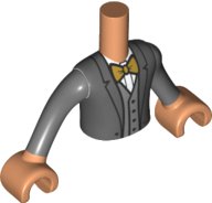 LEGO part Torso Mini Doll Boy Dark Bluish Gray Suit Jacket with Gold Bow Tie Pattern, Nougat Arms with Hands with Dark Bluish Gray Long Sleeves FTBpb058c01