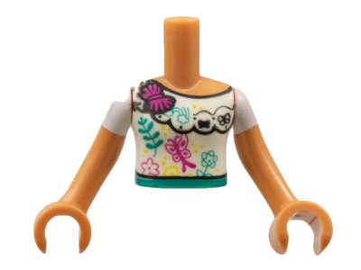 LEGO part Torso Mini Doll Girl White Blouse Top with Flowers and Butterflies Pattern, Nougat Arms with Hands with White Short Sleeves (FTGpb352c01)