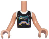 LEGO onderdeel Torso Mini Doll Girl Black and White Shirt with Dark Turquoise, Bright Pink, and Yellow Video Game Controller Pattern, Nougat Arms with Hands FTGpb409c01