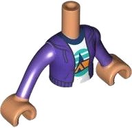 LEGO part Torso Mini Doll Girl Dark Purple Hoodie over White Shirt with Orange Tent, Dark Blue Trees, Dark Turquoise Sky and Ground Pattern, Nougat Arms with Hands with Dark Purple Long Sleeves (FTGpb469c01)