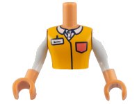 LEGO onderdeel Torso Mini Doll Man Bright Light Orange Shirt, White Collar and Badge, Coral Pocket Pattern, Nougat Arms with Hands with White Long Sleeves FTMpb072c01
