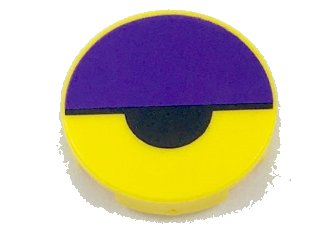 LEGO part Tile, Round 2 x 2 with Bottom Stud Holder with Dark Purple Large Semicircle and Black Small Semicircle Pattern (Octi Eye) (14769pb199)