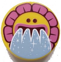 LEGO part Tile, Round 2 x 2 with Bottom Stud Holder with Sunflower Face, Dark Pink Flakes and Water Pouring from Mouth Pattern 14769pb315