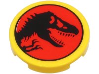 LEGO part Tile, Round 2 x 2 with Bottom Stud Holder with Black Dinosaur on Red Background (Jurassic Park Logo) Pattern 14769pb614