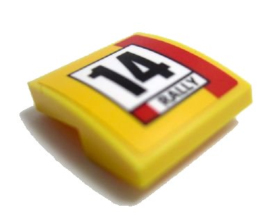 LEGO part Slope, Curved 2 x 2 x 2/3 with Number 14, Red Stripe and Black 'RALLY' Pattern (Sticker) - Set 60113 (15068pb062)