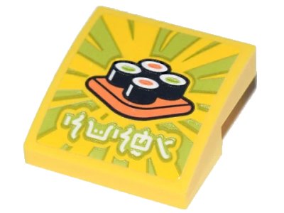 LEGO part Slope, Curved 2 x 2 x 2/3 with Ninjago Logogram 'SUSHI', Orange Plate with 4 Sushi Maki Rolls Pattern (Sticker) - Set 71741 (15068pb322)