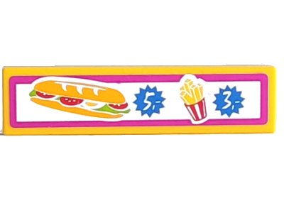 LEGO onderdeel Tile 1 x 4 with Menu with Sandwich and French Fries on White Background with Magenta Border Pattern (Sticker) - Set 41058 (2431pb0431)