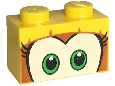 LEGO part Brick 1 x 2 with Green and White Eyes with Long Black Eyelashes on Dark Orange Background Pattern (Super Mario Dixie Kong Upper Face) (3004pb314)